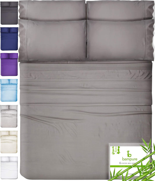 6 Pcs California King Sheet Sets - 100% Pure Viscose Derived from Bamboo Sheets California King Size - Super Soft Viscose Bamboo Cooling Sheets for Hot Sleepers - up to 16’’ Deep Pocket S.Gray